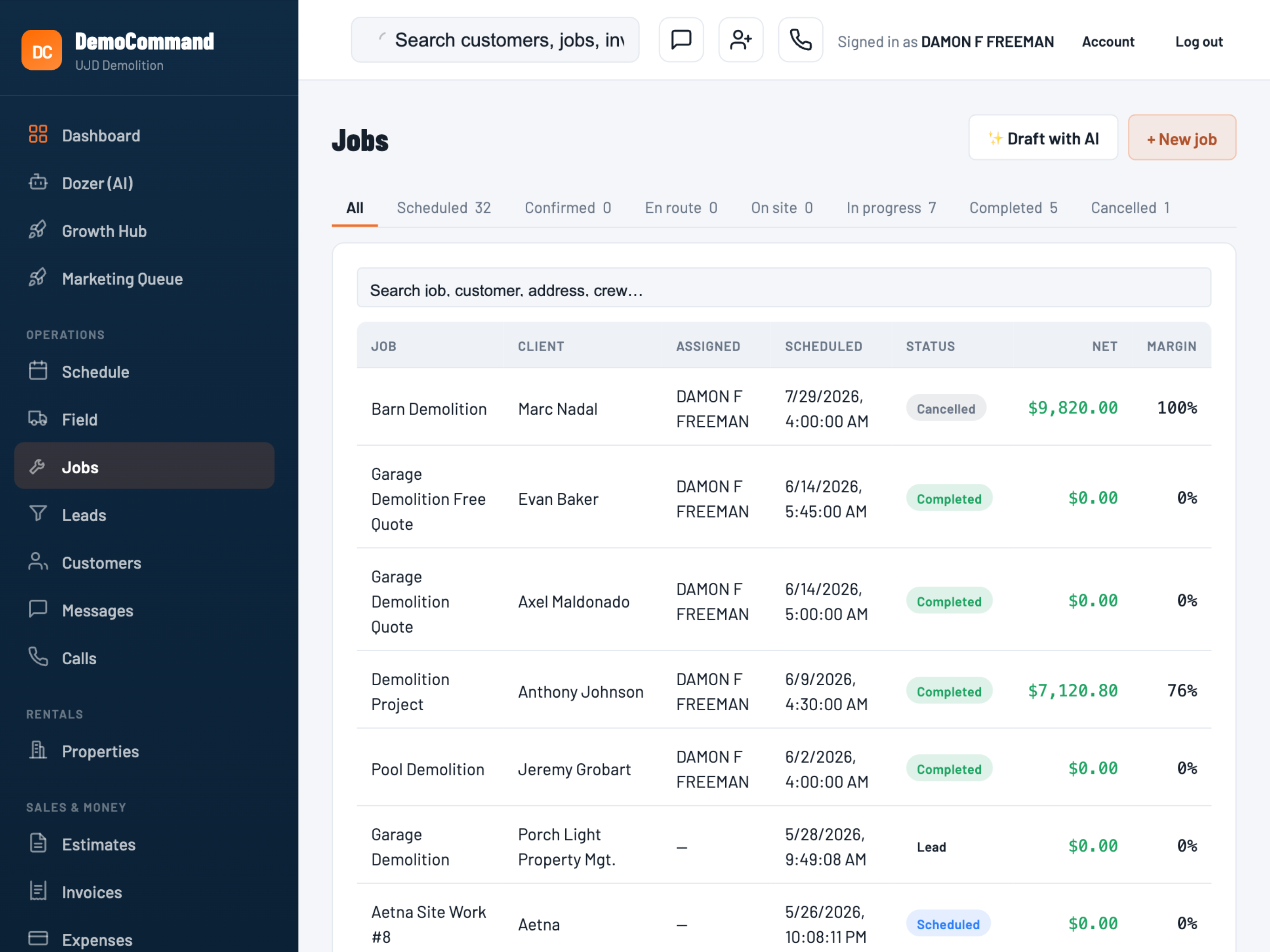 DemoCommand jobs screen